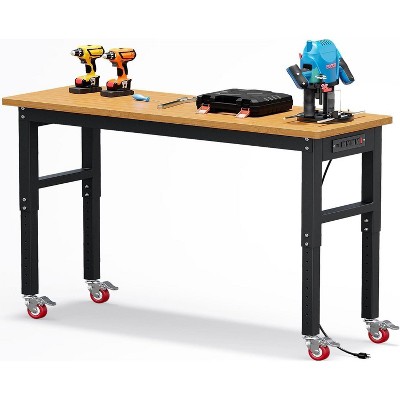 60 Inch Work Bench 2200 LBS Capacity  Wood Top Garage Workbench Adjust Height Work Table with Power Outlets & Sturdy Steel Frame