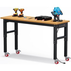 60 Inch Work Bench 2200 LBS Capacity  Wood Top Garage Workbench Adjust Height Work Table with Power Outlets & Sturdy Steel Frame - 1 of 4