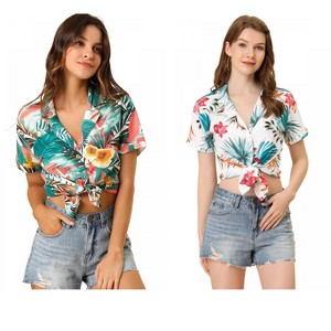 Allegra K Women's Hawaiian Floral Leaves Printed Short Sleeve Button Down Vintage Shirt 2 Pcs - 1 of 4