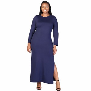 Plus Size Long Sleeve Side Slit Fitted Black Maxi Dress - 24seven Comfort Apparel™ - 1 of 4