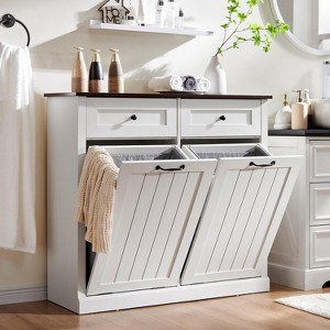 SinCiDo Double Tilt Laundry Basket Cabinet,Hidden Trash Can Cabinet Laundry Storage Basket,20 Gallon Farmhouse Trash Can Cabinet w/2 Drawers - 1 of 4