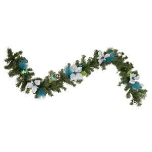 Northlight 6' x 9" Unlit Blue/Silver Peacock and Poinsettia Artificial Christmas Garland - 1 of 3
