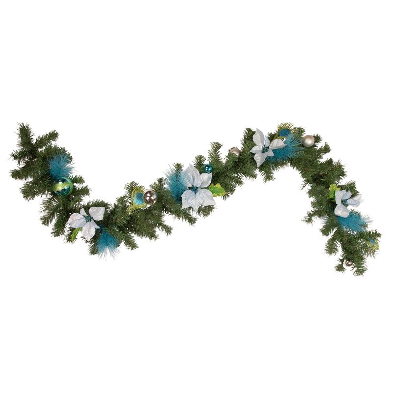 Northlight 6' x 9" Unlit Blue/Silver Peacock and Poinsettia Artificial Christmas Garland, 1 of 5
