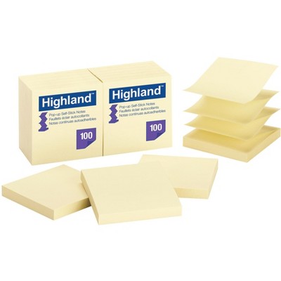 Highland Pop-Up Self-Stick Notes, 3 x 3 Inches, Yellow, Pad of 100, pk of 12