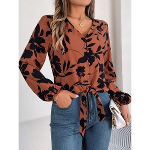Womens Tie Front Knot Lartern Long Sleeve Button Shirt Loose Fit V Neck Floral Blouses Chiffon Tops Shirts - 1 of 4