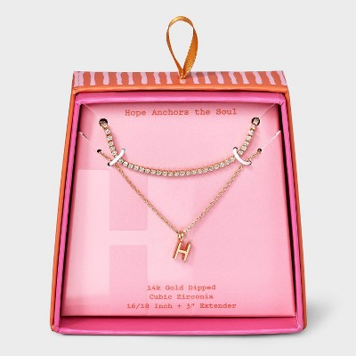 14K Gold Dipped Cubic Zirconia Initial Necklace Set 2pc - A New Day™ Gold