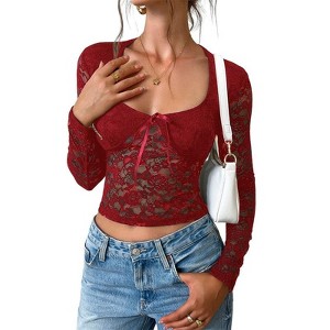 Coolmee Women's Lace Long Sleeve Shirt Low Cut Slim Fit Top Bow Sexy Going Out Club Concert Clothes - 1 of 4