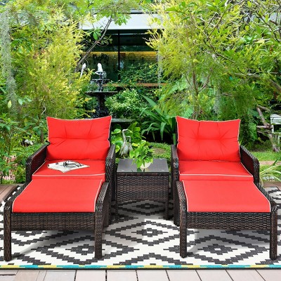 HONBAY 5 PCS Wicker Patio Bistro Set Outdoor Patio Chairs Set with Ottoman Footrest and Storage Table for Garden Beige
