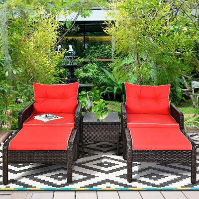 Costway 5 PCS Patio Rattan Furniture Set Sofa Ottoman Table w/Cushion Garden Red