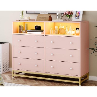 Wide 6-Drawer Dresser w/ Charging Station, LED Lights - Modern Large Storage Cabinet, Wood Chest for Bedroom