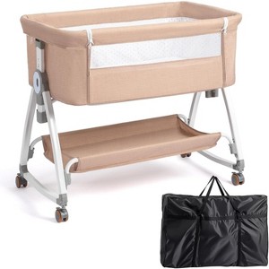 JOYMOR 3 in 1 Baby Bassinet, Bedside Bassinet for Baby, with Comfy Mattress and Wheels, 6 Height Adjustable Easy Folding  (Beige) - 1 of 4