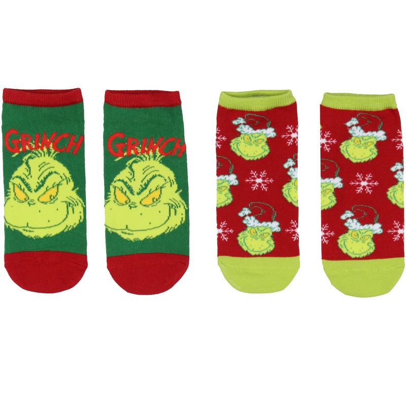 Dr Seuss The Grinch Socks Adult Christmas Holiday No-Show Ankle Socks 2 Pairs Multicoloured, 1 of 5