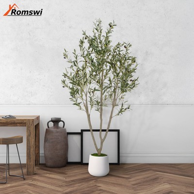 Romswi Artificial Olive Tree with White Pot, 5-7 ft Large Faux Olive Trees, Natural Wood Trunk and Realistic Fruits for Indoor Office Home Decor