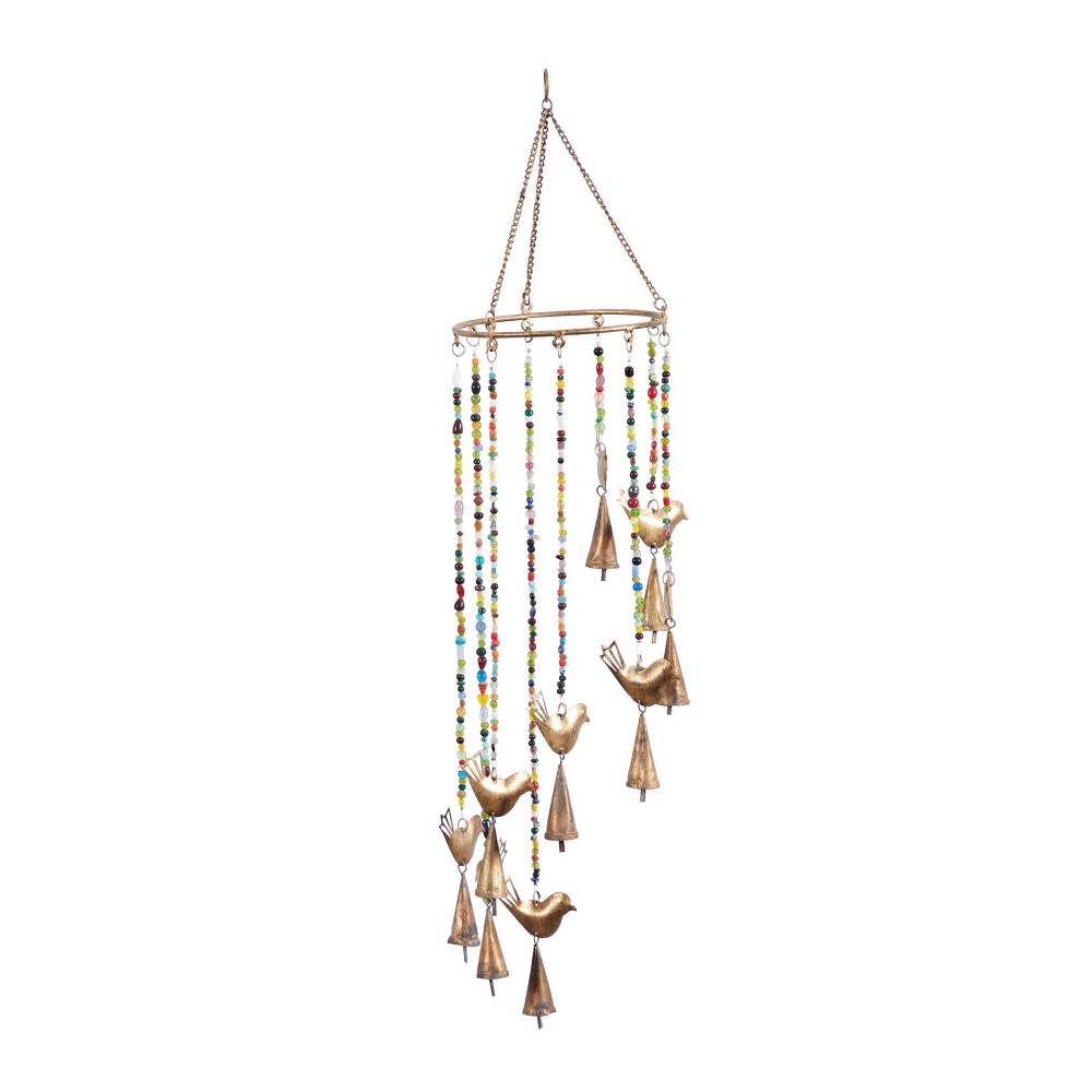 26" x 7" Eclectic Metal Birds Windchime with Beaded Strands Gold - Olivia & May: Indoor Musical Decor