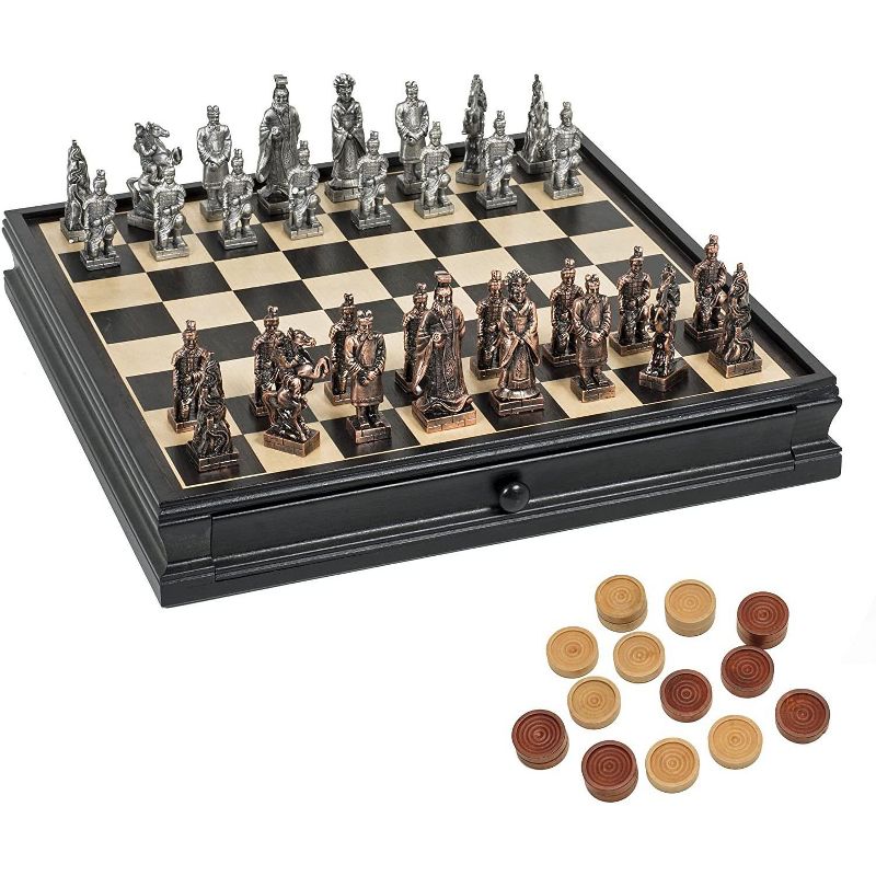 WE Games Chinese Qin Chess & Checkers Game Set - Pewter Chessmen & Black Stained Wood Board with Storage Drawers 15 in., 1 of 7