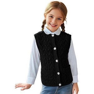 Clearlove Girls’ Sleeveless Cable Knit Buttoned Vest with Lightweight Open Cardigan and Round Neck Sweater Vest with Pockets - 1 of 4