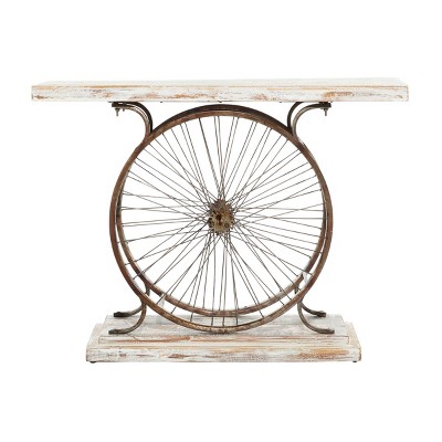 Rustic Blue Bike Console Table with Slatted Wood Top and Metal Frame