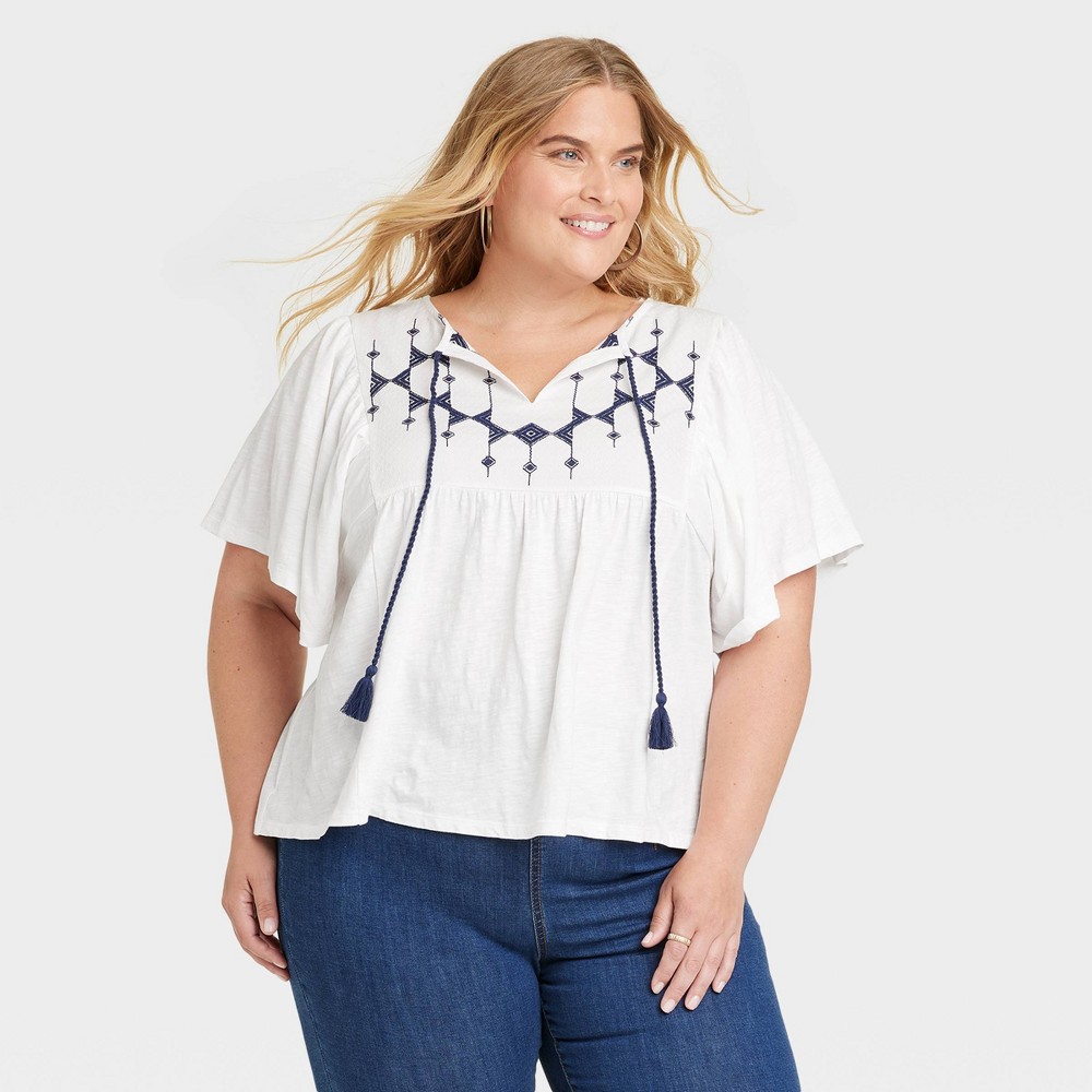 Women's Flutter Short Sleeve Embroidered Top - Knox Rose™ White/Blue 1X