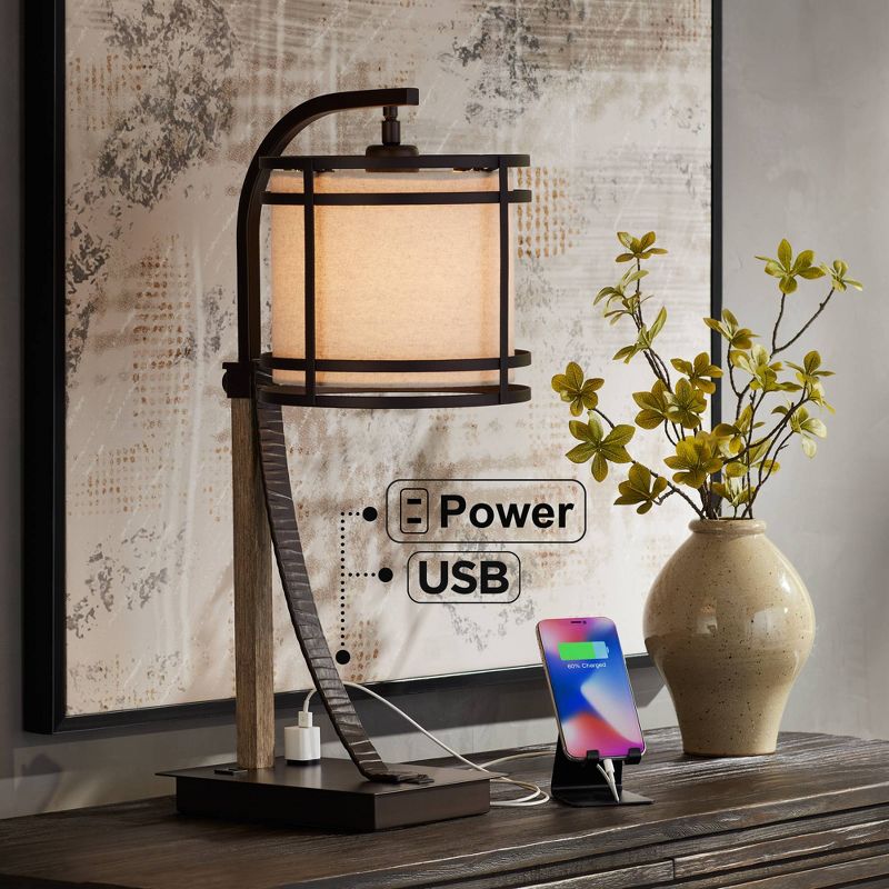 Franklin Iron Works Gentry Industrial Desk Lamp 22" High Oil Rubbed Bronze Faux Wood Cage with USB and AC Power Outlet in Base Oatmeal Shade for Desk, 2 of 10