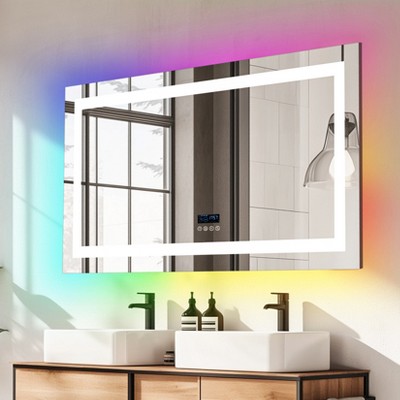 Overlength Rectangle RGB LED Bathroom Mirror w/ Bluetooth Speaker Vanity Mirror for Make Up