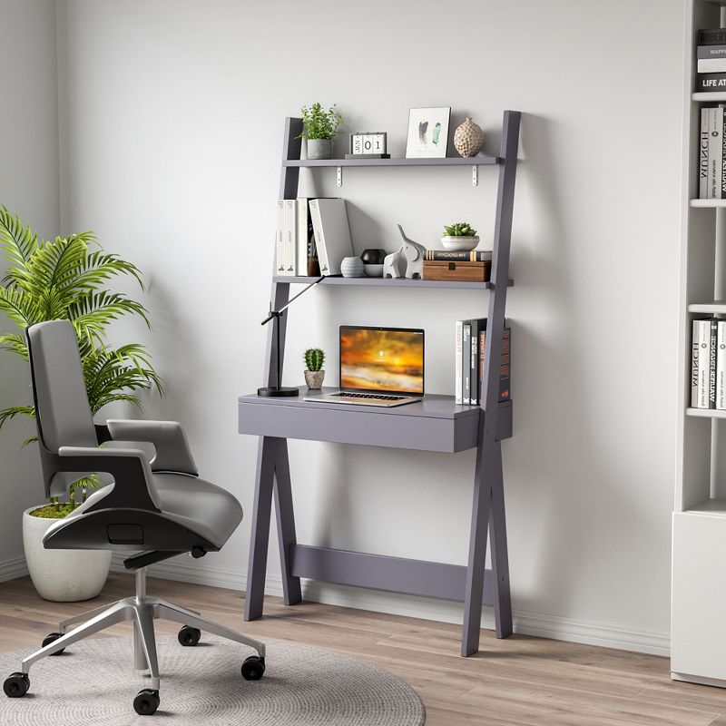 Costway Ladder Shelf Desk Bookcase w/Countertop, Drawer & 2 Shelves Bookshelf Walnut\Grey\Natural\Oak, 2 of 11