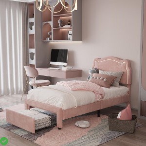 Twin Size Bed Frame Velvet Upholstered Bed Frame w/ RGB LED Lights Height-Adjustable Bear-Shaped Headboard - 1 of 4