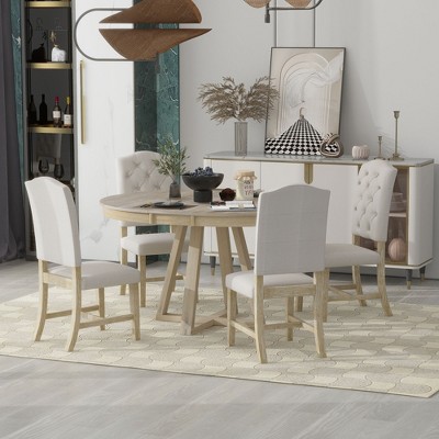 5 piece Vintage Functional Dining Set Round Table With 16 Wide Leaf And 4 Upholstered Chairs Natural Modernluxe Target