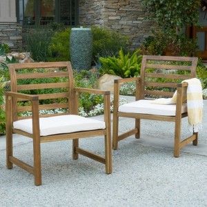 FATMOON Set of 2 Outdoor Acacia Wood Club Chairs, Natural Stained / White with Water-Resistant Cushions and Solid Wood Frame for Patio, Garden,Balcony - 1 of 4