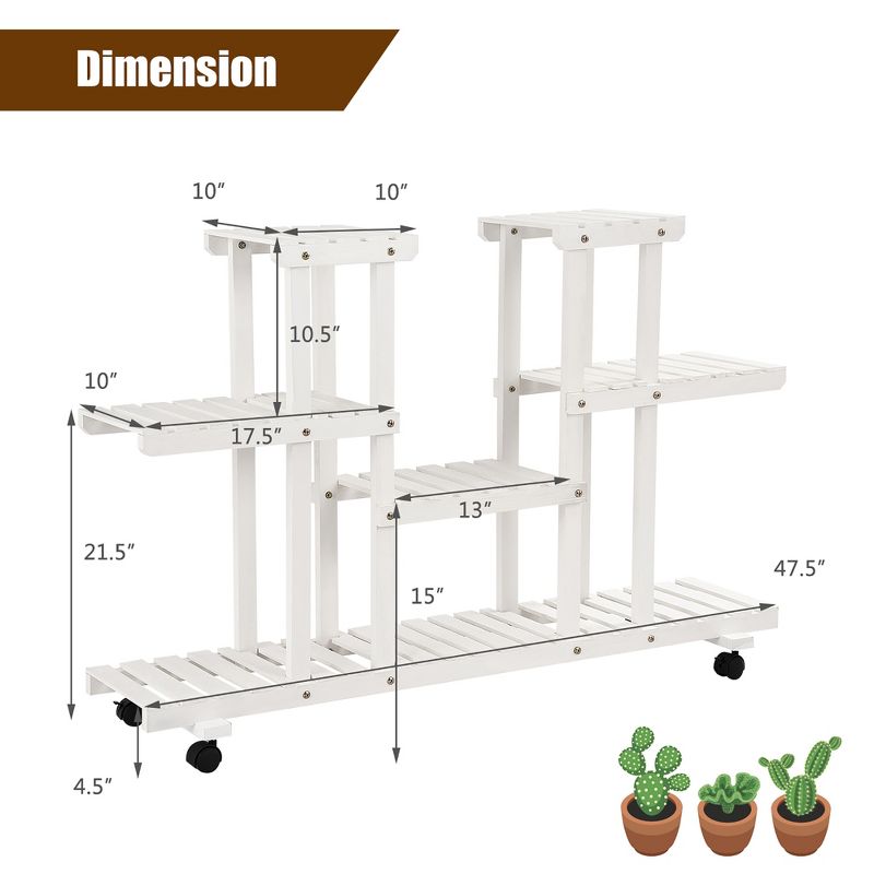 4-Tier Rolling Flower Rack Wood Plant Stand Casters 12 Pots Bonsai Display Shelf, 2 of 9