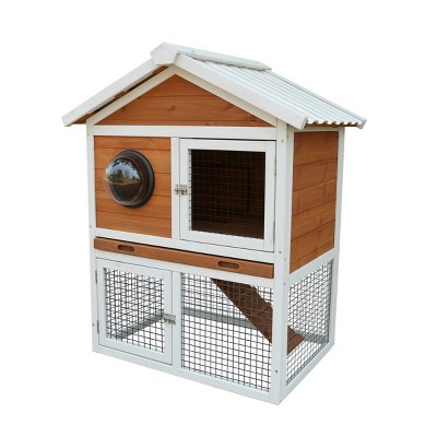 LAOTIES 2-Tier Outdoor Wooden Rabbit Hutch,Bunny Cage with Waterproof Roof,Pull Out Tray,Ramp,Viewing Window