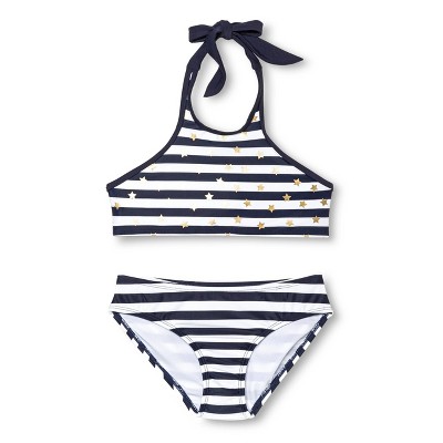 Girls' Circo&#8482; Two Piece Stars and Stripes High Neck Halter Bikini Set - Navy XS