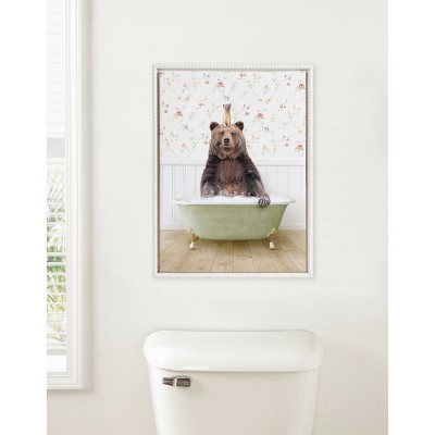 18"x24" Whimsical Bear and Weasel in Bath Framed Canvas