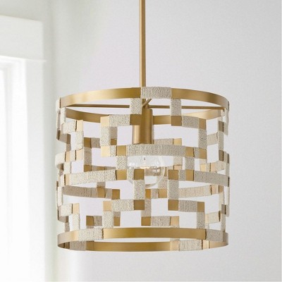 Bleached Natural Jute and Brass Drum Pendant Light