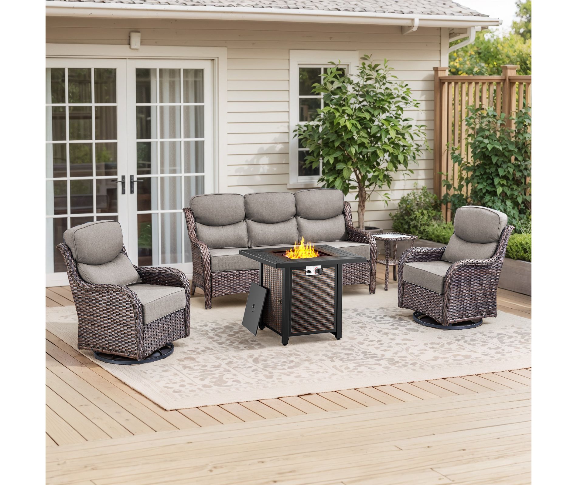 Gymojoy 4/5PCS Outdoor Fire Pit Table with Sofa Swivel Chair 6-inch Thick Cushion Furniture Set