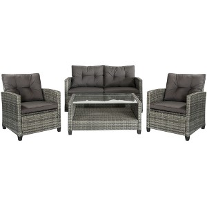 Outsunny 4 Pieces Patio Furniture Sets Rattan Wicker Chair w/ Table Outdoor Conversation Set with Cushion for Backyard Porch Garden Poolside and Deck - 1 of 4