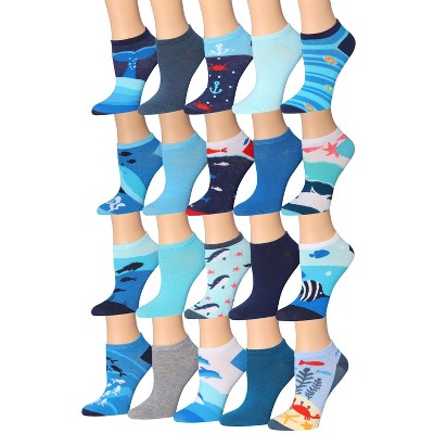 Tipi Toe Women's 20 Pairs Blue Colored Sea Ocean Nature Patterned Low Cut/No Show Socks