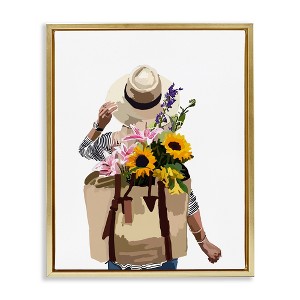Stupell Industries Woman Carrying Floral Backpack Floating Frame Canvas Art, Gold, 25" x 31" - 1 of 4