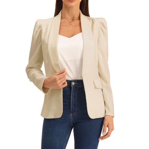 Allegra K Women's Spring Shawl Collar Puff Sleeve Work Blazer with Pockets Beige X-Small
