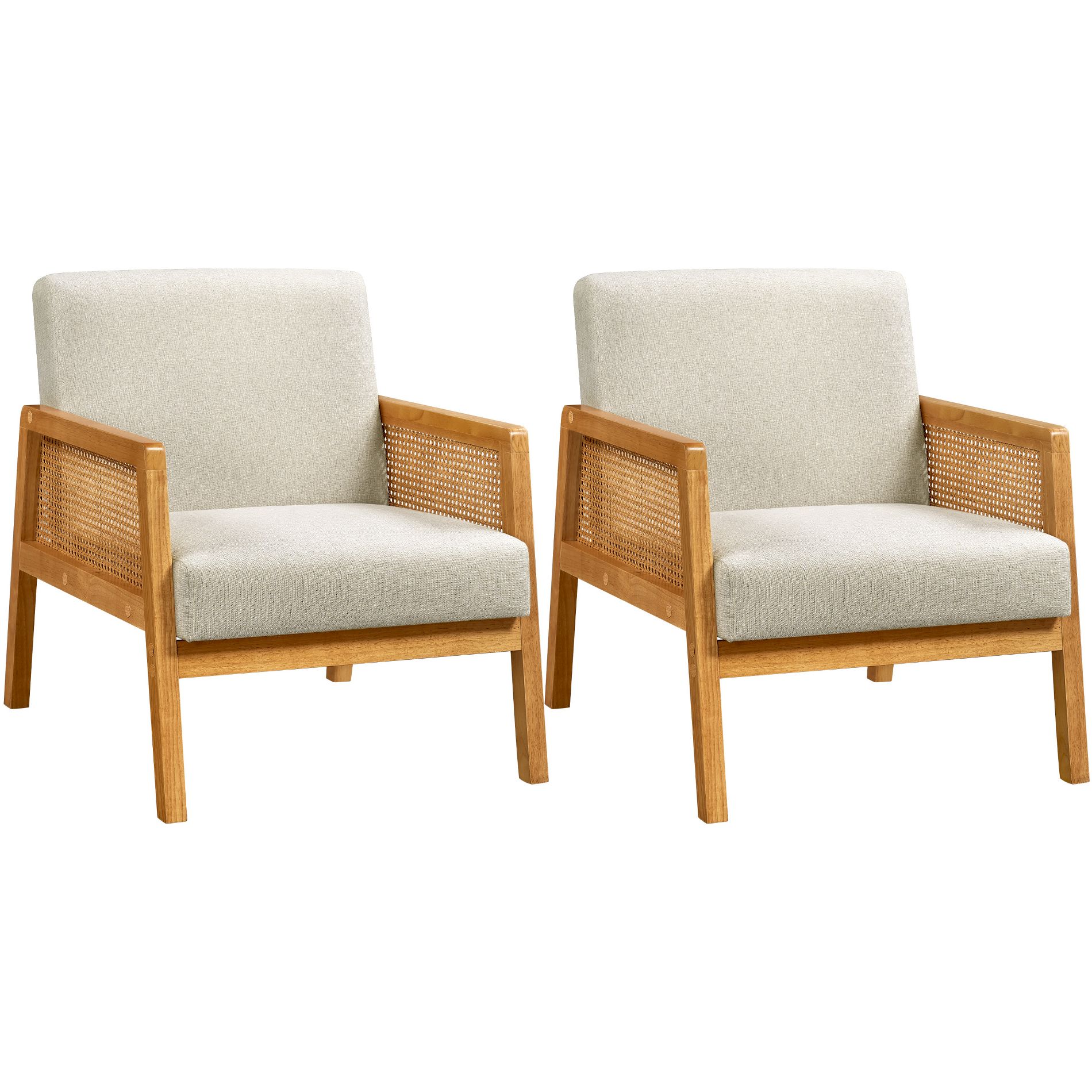 Yaheetech Set of 2 Upholstered Accent Chairs with Rattan Sides for Living Rooms, Bedrooms, Beige