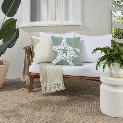 Aqua Embroidered Starfish 18" Square Indoor Outdoor Pillow