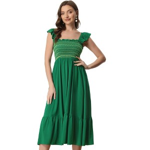 INSPIRE CHIC Women's Boho Square Neck Ruffle Trim Flowy Smocked Midi Sundresses - 1 of 4
