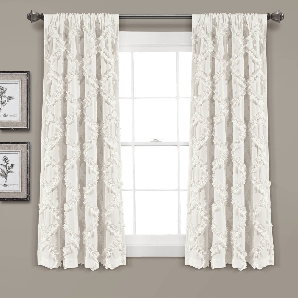 Photos - Curtains & Drapes Set of 2  Ruffle Diamond Light Filtering Window Curtain Panels Wh(95"x54")