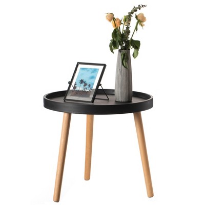 Fabulaxe Modern Plastic Round Side Table Accent Coffee Table with Beech Wood Legs, Black