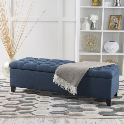 Vynxaria Contemporary Button-Tufted Storage Ottoman with Diamond Stitching and Birch Legs,Light Blue