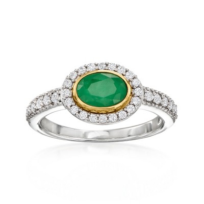 Ross-Simons 0.70 Carat Emerald and .50 ct. t.w. White Zircon Ring in Sterling Silver With 14kt Yellow Gold