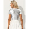 INSPIRE CHIC Women's Keyhole Metallic Short Sleeve Party Shiny Holographic Crop Top - 3 of 4
