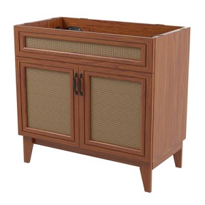 JONATHAN Y VAN1008 Javer 20 in. W x 18 in. D x 33 in. H Rattan Modern Farmhouse 2-Shelf Bath Vanity Cabinet Only (Sink Basin not Included), Oak - 1 of 4