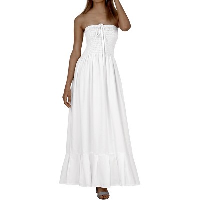 LA LEELA Women's House Daily Routine Evening Wear A line Maxi Smocked Top Dress Long Bohemian Strapless Tube Dresses for Women