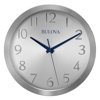 Bulova Clocks C4844 Winston Decorative Aluminum 9 Inch Diameter Quartz Wall Clock with Quiet Sweep, Silver Tone Metal Face, Blue Hands