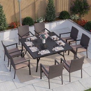 Captiva Designs 9pc Spacious Slat-top Square Metal Table with Umbrella Hole & Armrest Rattan Chairs with Beige Cushions - 1 of 4